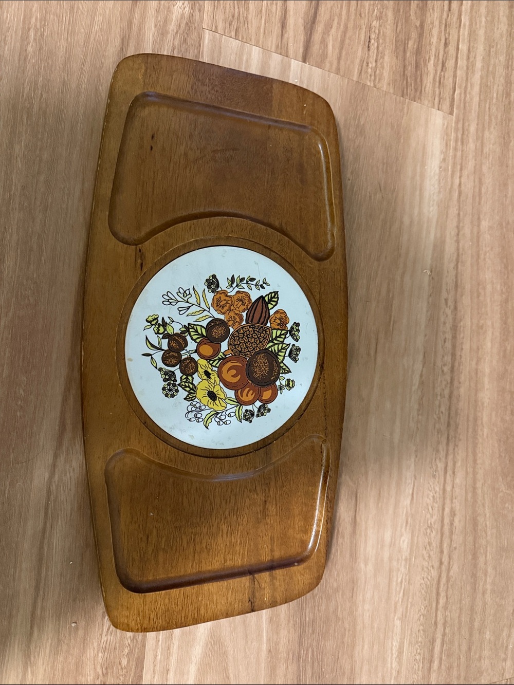Mid-Century Wooden Serving Tray with Retro Floral Tile